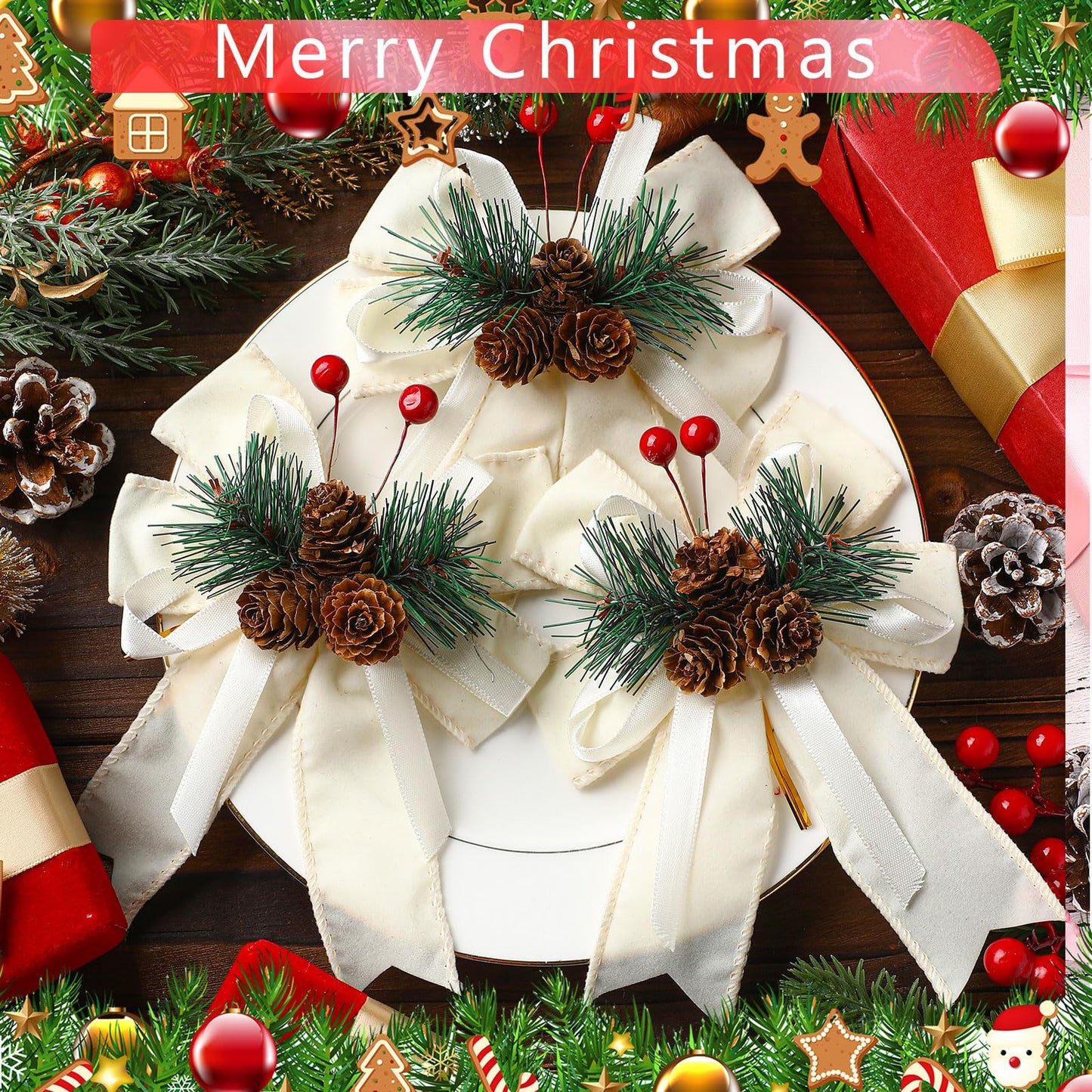Syhood 6 Pcs Christmas Velvet Bow with Pine Cones Pine Needles Berries Xmas Champagne Ribbon Bow Ornaments 6.3 x 5.1 Inch for Christmas Tree Wreath Garden Fireplace Crafts DIY Decor
