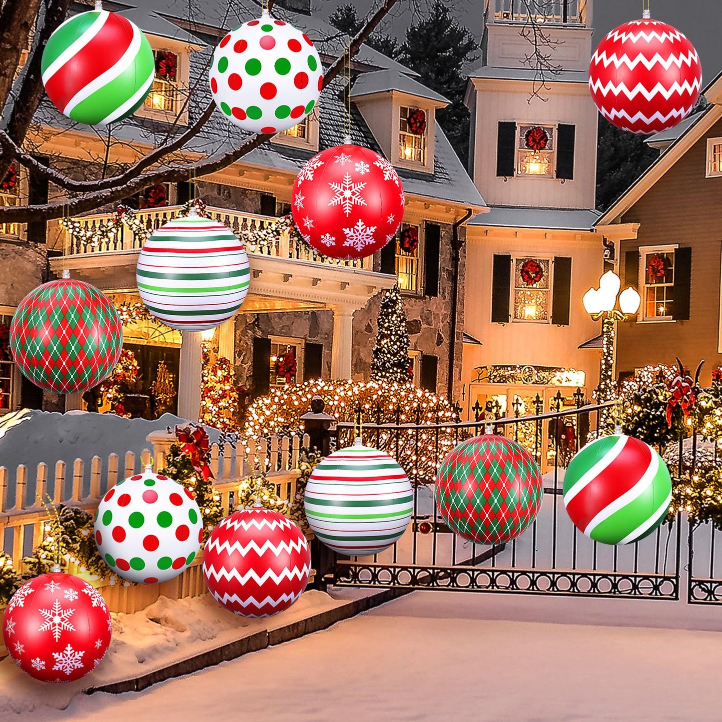 12 Pcs 12 Inch Inflatable Christmas Ball Ornaments Large Christmas Hanging Tree Ornaments Blow up PVC Christmas Balls Decorations for Xmas Porch Yard Lawn Holiday Party Decor