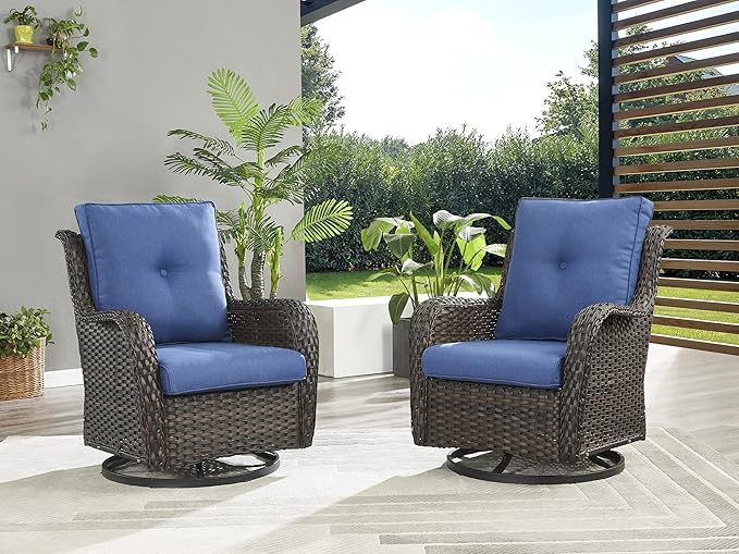 Rilyson Wicker Rocking Chair Swivel Chairs - 2 Piece Rocker Patio Chairs Set Rattan Rocking Chair for Outdoor Porch Deck Garden Backyard (Brown/Blue)