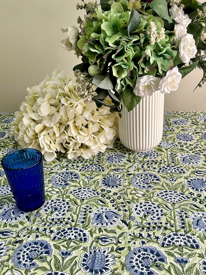 ATOSII Amara Green 100% Cotton Rectangle Fall Tablecloth, Handblock Floral Print Linen Table Cloth for Kitchen Dining I Parties, Weddings, Outdoors, Easter I Home Decor 60 X 90 Inches I 6 Seater