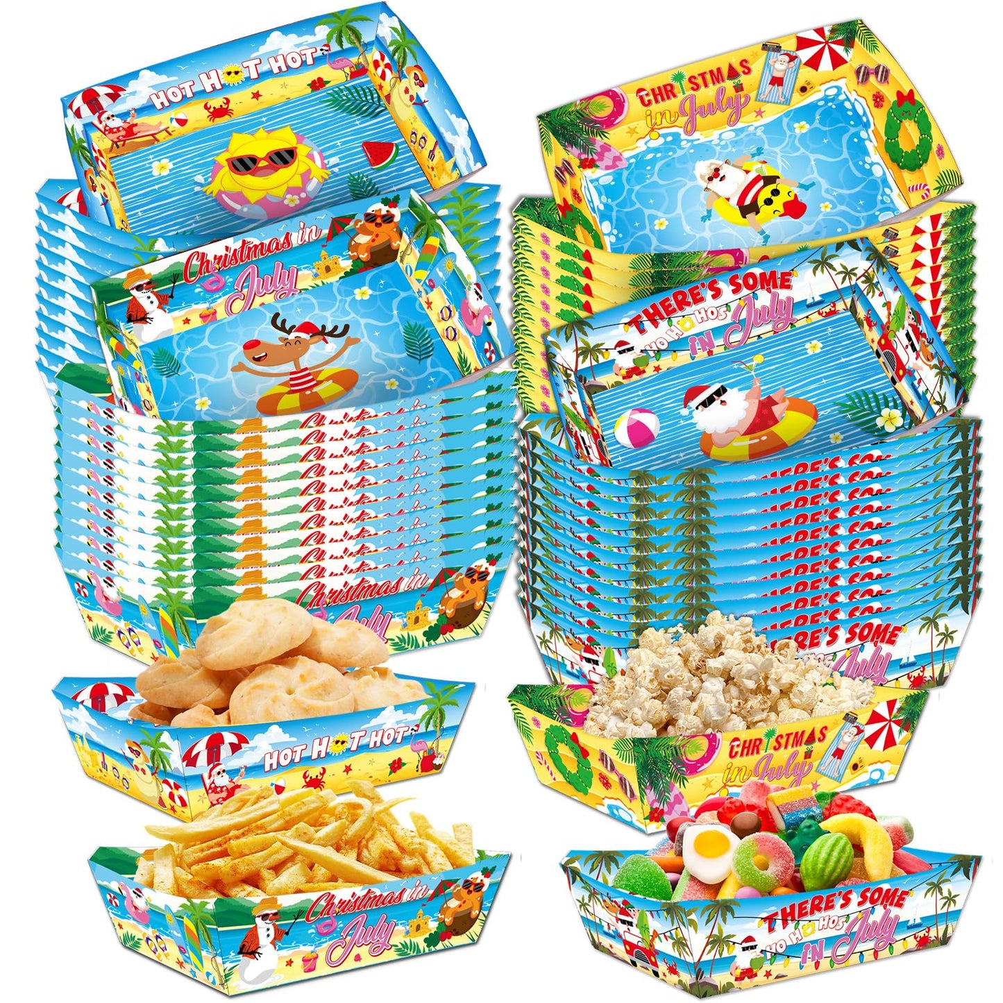 Falueqg Summer Christmas Party Decorations - 24 Pcs July Christmas Paper Food Trays Disposable Beach Santa Food Boats Serving Tray for Holiday Xmas Tropical Luau Decorations