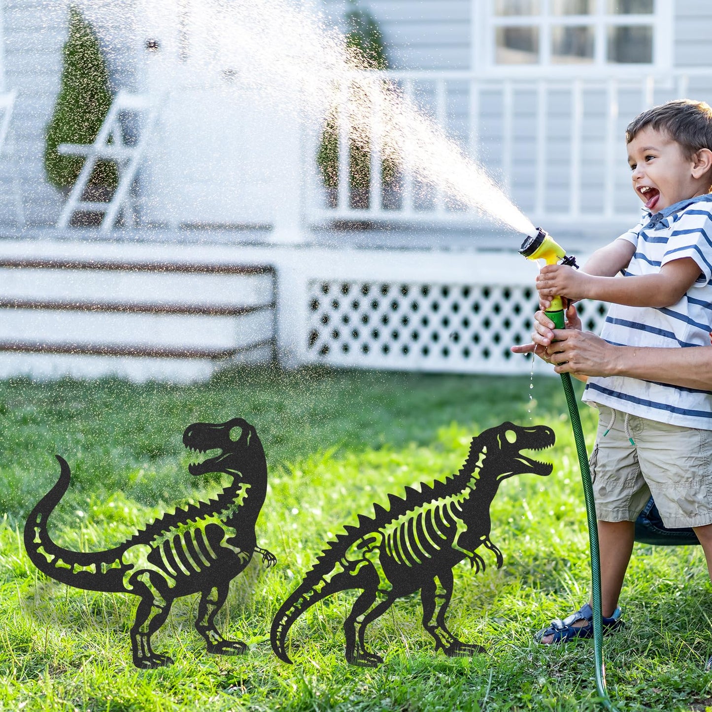 LIRAVENO Dinosaur Decor Garden Stakes - 2 Pcs Metal Dinosaurs Statues Waterproof Yard Art Silhouette Decoration for Outside Patio Lawn Pathway Christmas New Year Ornaments Birthday Gifts for Adults