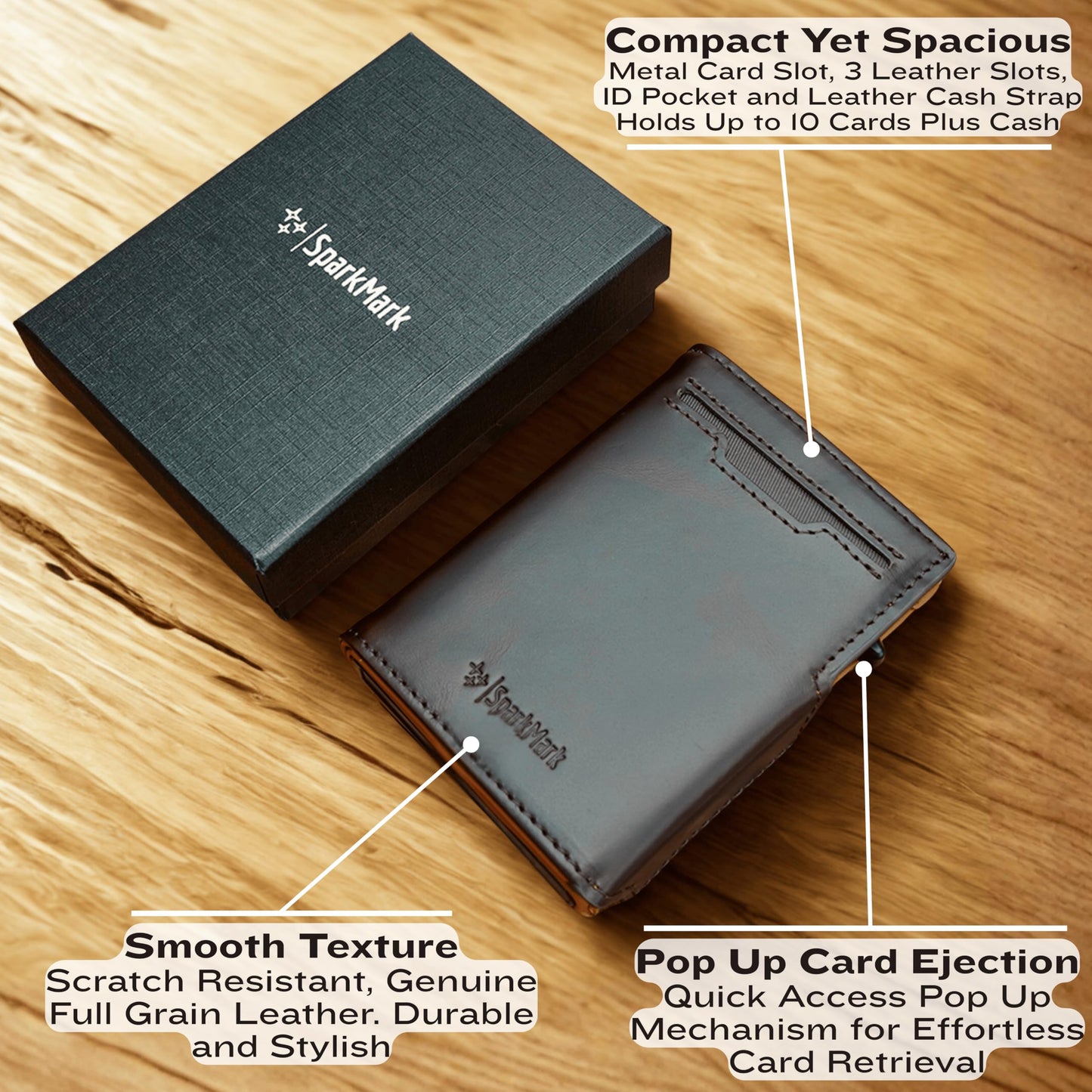 SparkMark Minimalist Pop Up Wallet for Men | RFID Blocking Credit Card Holder Wallet with Money Clip | Mens Wallet Slim Bifold Front Pocket Metal Case with Gift Box (Genuine Full Grain Leather)