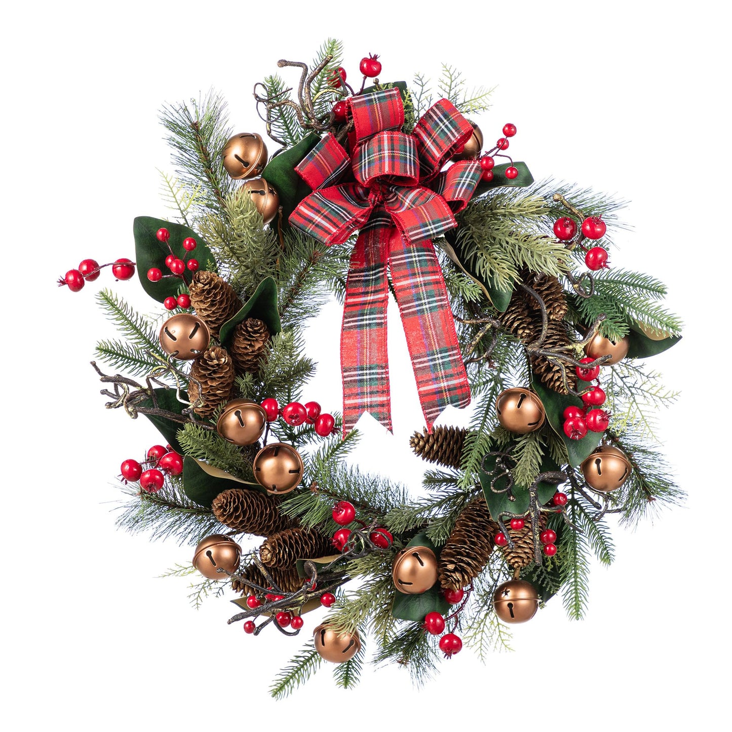 Glitzhome 24 Inch Christmas Wreath with Bell Pinecone Berry Bow, Rustic Plaid Front Door Decor for Indoor and Covered Porch, Large Holiday Decoration