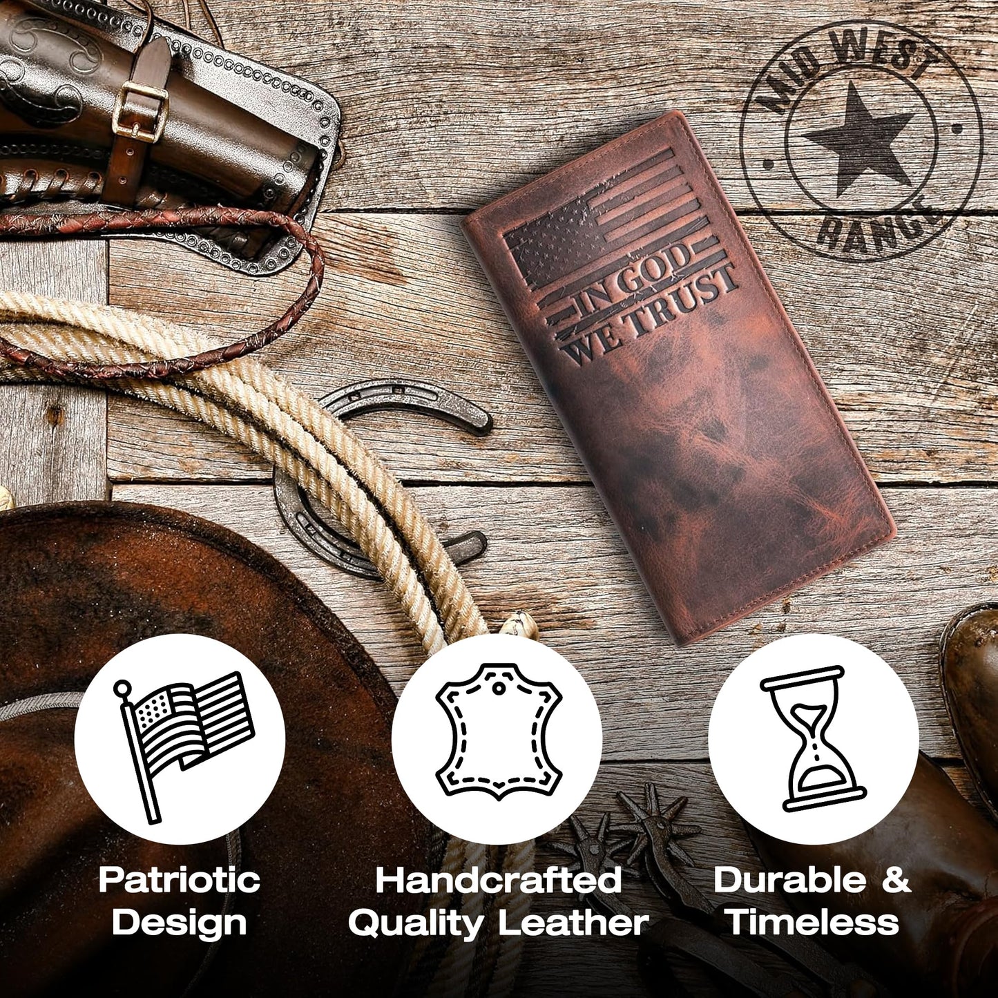 American Flag Long Wallet for Men - Western Wallets for Men with ‘IN GOD WE TRUST’ – Distressed Full Grain Leather – RFID Blocking Long Bifold Cowboy Wallet – Patriotic Father's Day (7 Inches)