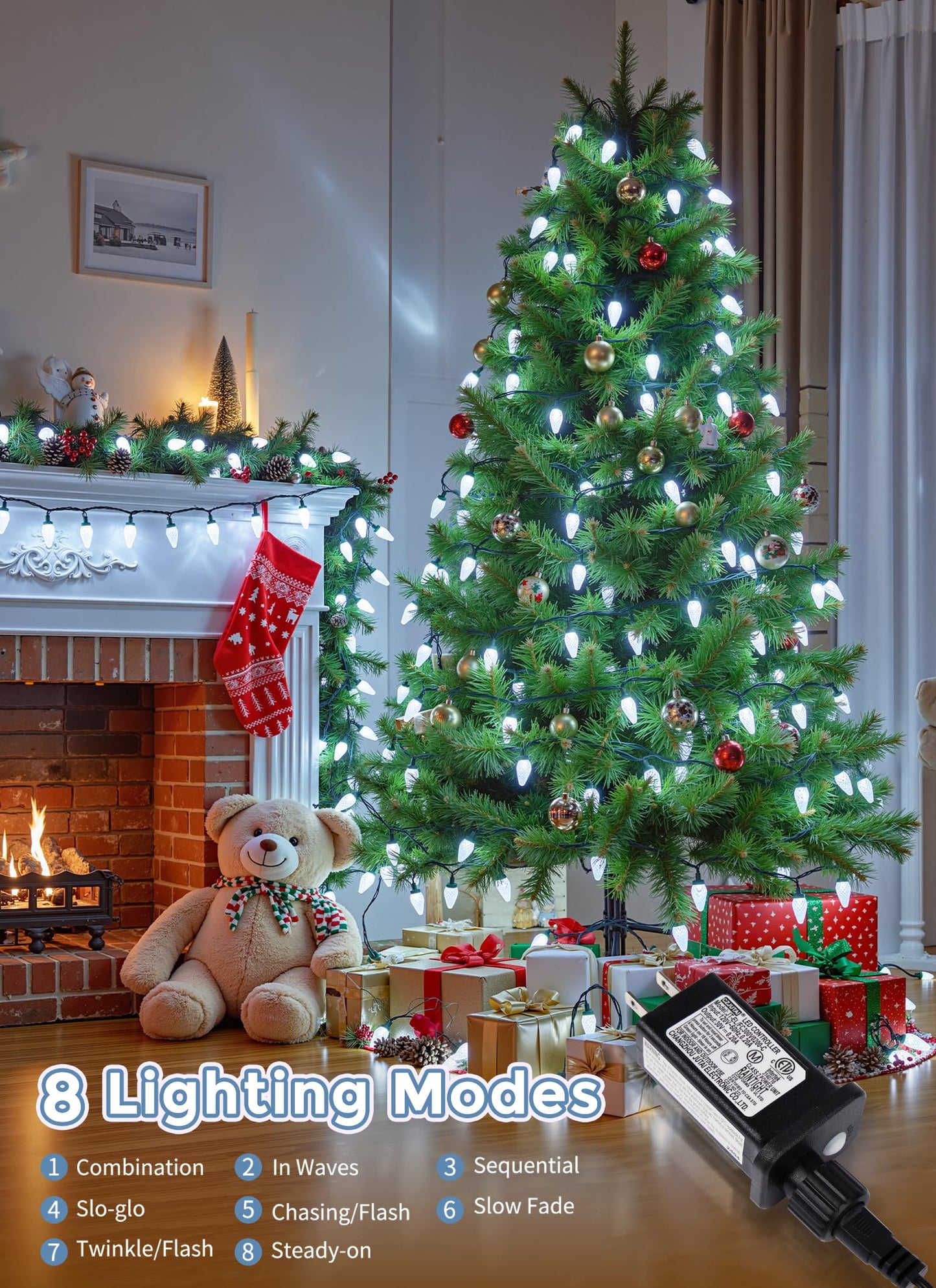C9 Christmas Lights Outdoor, 114 Feet 150 LED C9 String Light with Timer & 8 Light Modes, Waterproof Commercial Grade Connectable Christmas Tree Lights for House Indoor Outside Roofline, Pure White