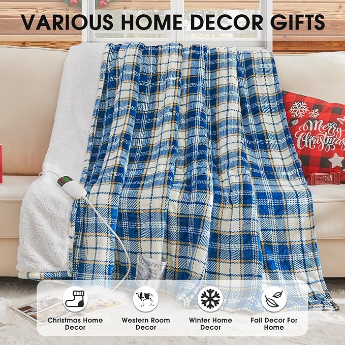 Heated Blanket Electric Throw 50X60, Heating Throw with 10 Levels 8 Hours Auto Off, Blue Plaid Sherpa Blanket Winter Warmer, Christmas Housewarming Gifts for Women Mom, Home Decor for Couch Bed Office