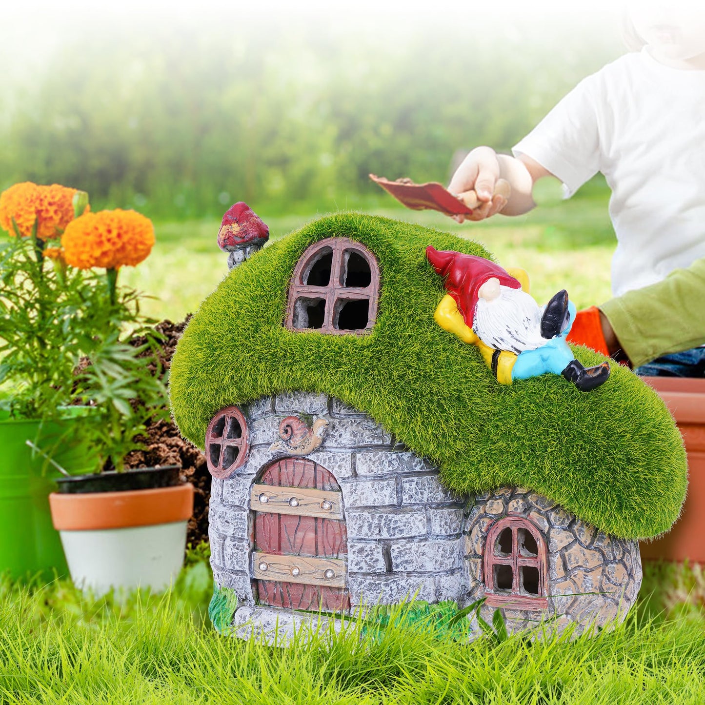 ILLUMINEW House Garden Statues with Solar Lights, LED Cute Flocked Fairy House with Gnomes Garden Figurine, Outdoor Patio Yard Lawn Decorations Gift