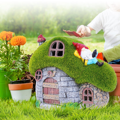 ILLUMINEW House Garden Statues with Solar Lights, LED Cute Flocked Fairy House with Gnomes Garden Figurine, Outdoor Patio Yard Lawn Decorations Gift