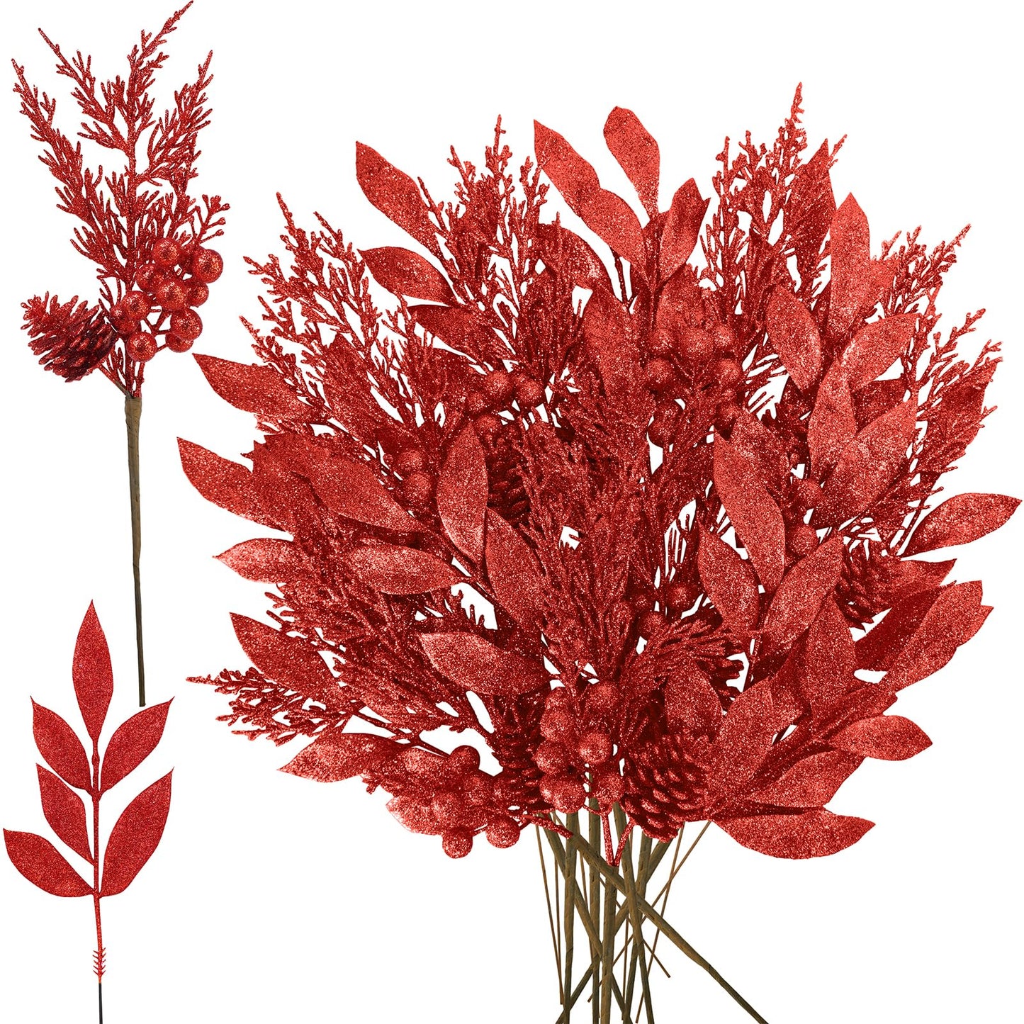 Winlyn 24 Pcs Christmas Artificial Leaf Sprays Pine Needles Pinecone Berries Stems Red Glittered Christmas Decoration Picks 12.2"- 14.2" Tall for Red Christmas Tree Wreaths Seasonal Floral Arrangement