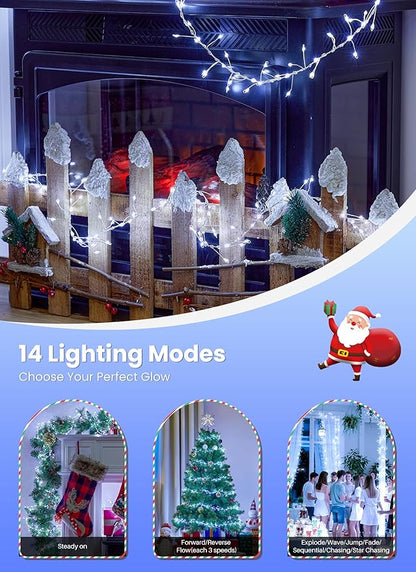 Flowing Fairy Lights Plug in with 14 Modes, 10FT 388LED Twinkle String Lights Indoor, Christmas Tree Lights Indoor Waterproof for Bedroom Christmas Home Room Decor, Cool White