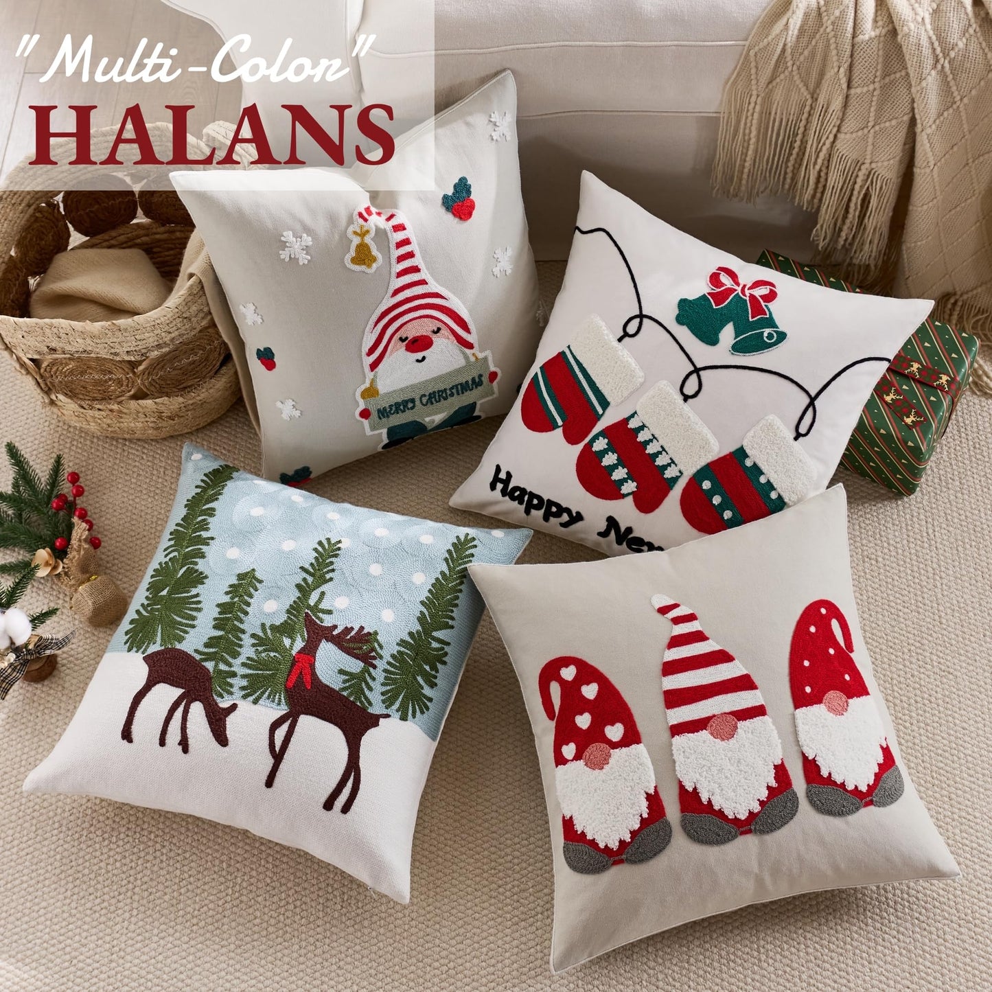 Farmhouse Christmas Pillow Covers 18x18 Set of 2, Xmas Embroidered Throw Cushion Cases with Festive Patterns for Rustic Home Holiday Decor (Snow Globe Christmas Tree, 18" x 18" (Pack of 2))