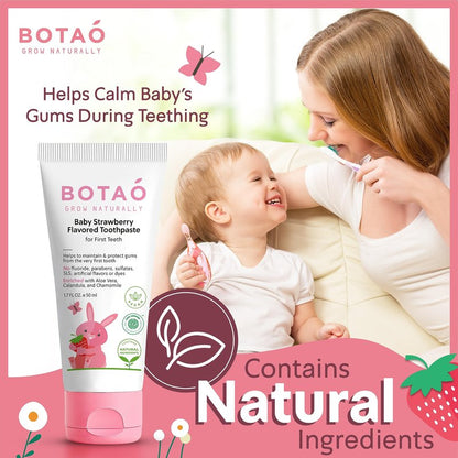 BOTAO Fluoride Free Baby Toothpaste | Strawberry Flavored - Organic Training Natural Toddler Toothpaste for Toddlers | EWG Verified, Vegan, SLS Free, Safe to Swallow, Aloe Vera -1.7Oz