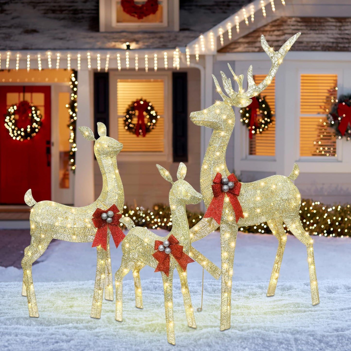 winemana 5ft Reindeer Christmas Outdoor Decorations, Set of 3 Extra Large Deer Yard Decor- Lighted 3D Reindeer Family Set for Outside Lawn Garden Xmas Holiday Party Decor (Gold)