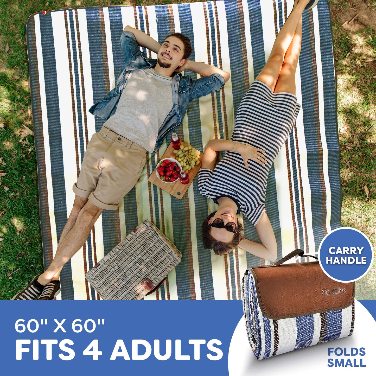 scuddles 60" x 60" Extra Large Outdoor Picnic Blanket – Waterproof, Foldable Travel Mat for Beach, Camping, Grass, Lawn, Park, Summers – Dual Layer, Soft Throw Rug Fits 4 Adults
