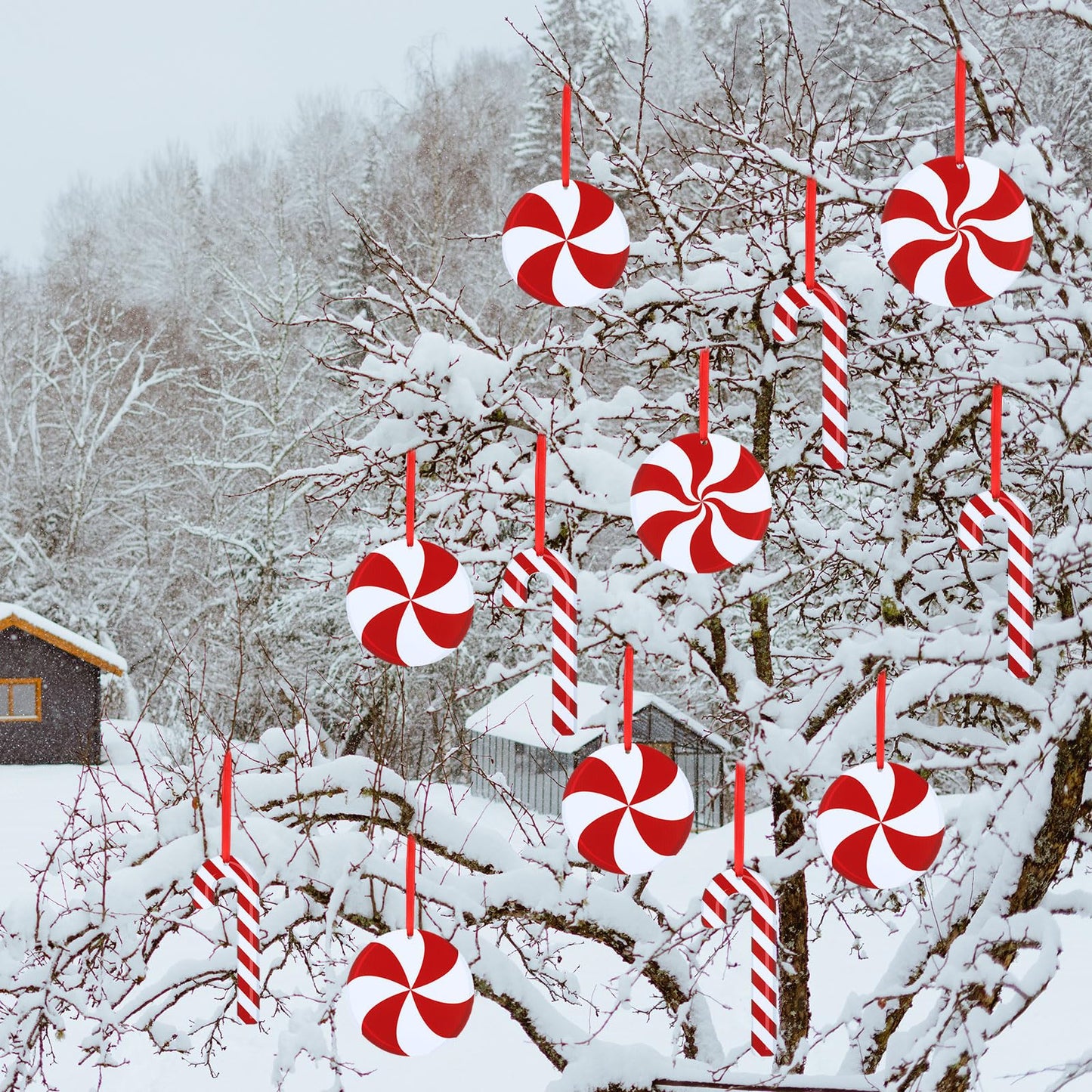 Soaoo 30 Pcs Outdoor Christmas Candy Cane Decorations Hanging Peppermint Christmas Yard Signs Double Sided Lawn Decorations Plastic Outside Hanging Yard Decor for Xmas Tree Porch Home