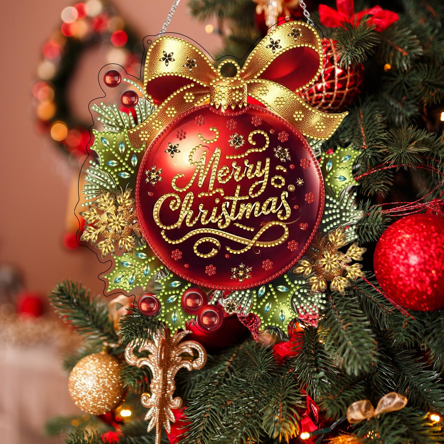DIY Diamond Art Painting Wreath Kits，Special Shaped Rhinestone Hanging Ornament Diamond Art Window Pendants for Gift Home Garden Wall Hanging Kits,Double Sided (Merry Christmas)
