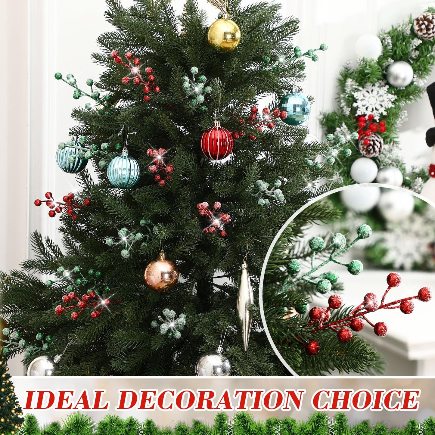 Geosar 30 Pieces Artificial Christmas Berry Picks with Snowflake Glitter Holly Berry Stems for Christmas Tree Ornaments Vases DIY Crafts Wedding Party Holiday Decor(Glitter Red, Light Green)