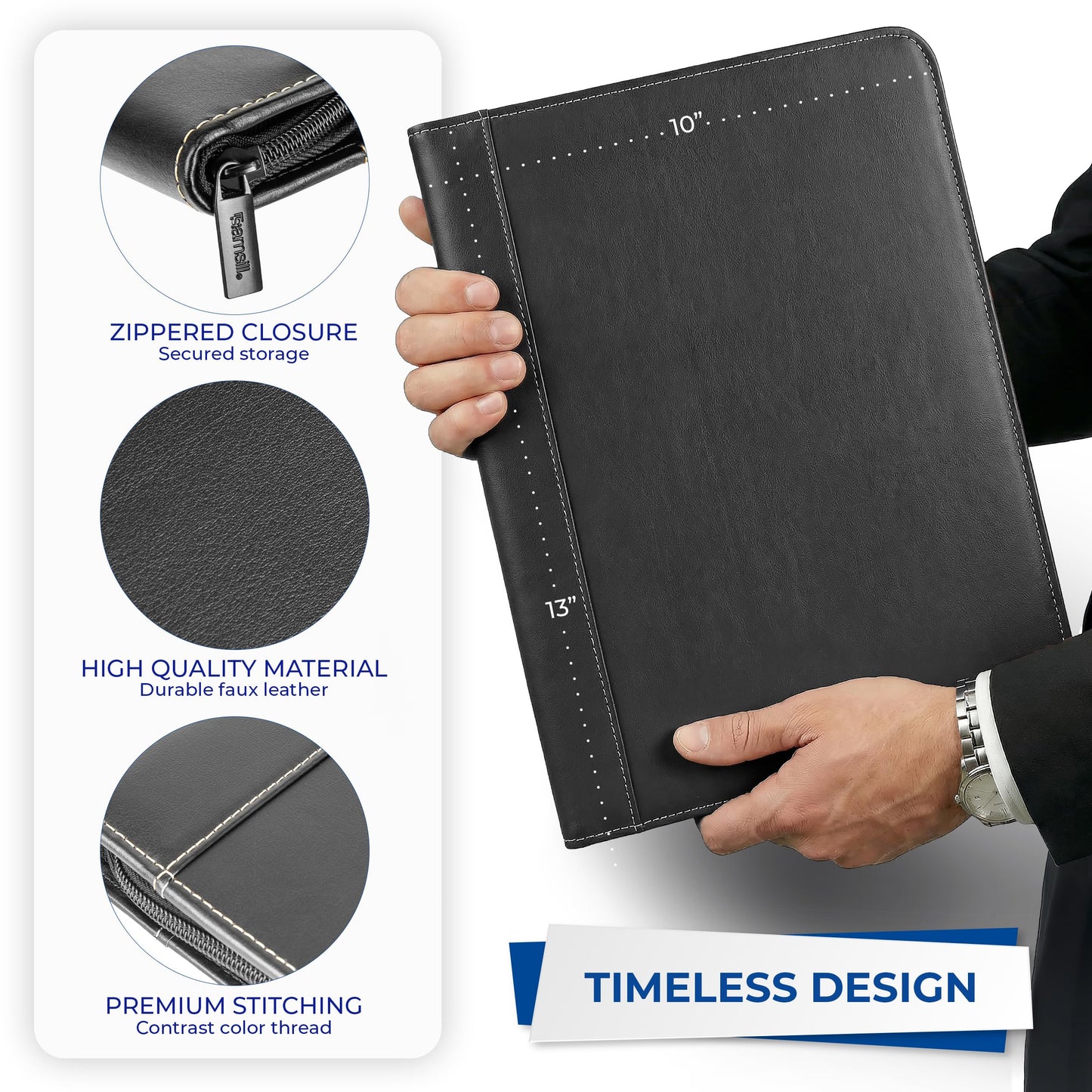 Samsill Contrast Stitch Leather Zippered Portfolio Folder/Business Portfolio for Men and Women, Resume/Document Organizer with Writing Pad, Black (71720)