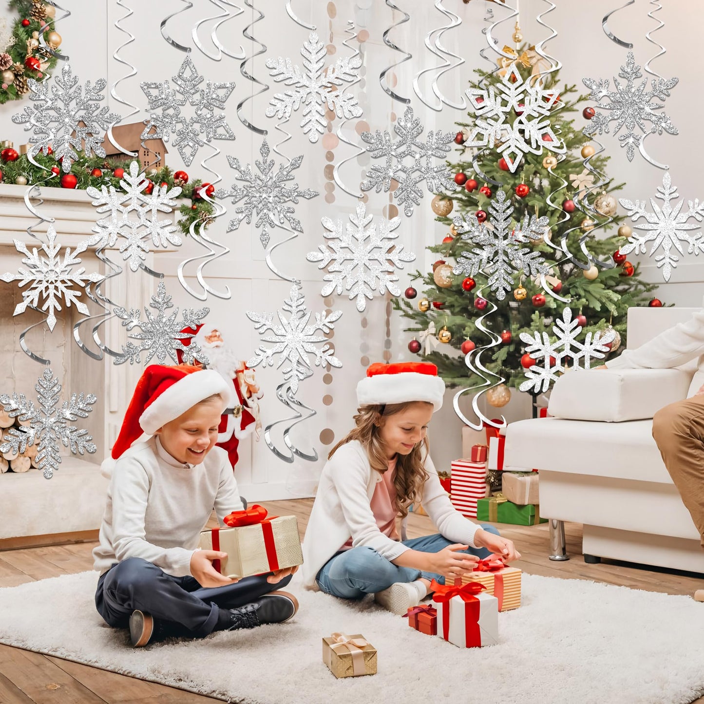 32 PCS Pre-Strung Winter Snowflake Hanging Swirl Decorations White Silver Glitter Snowflakes Hanging Swirls Christmas Snowflake Ceiling Streamers for Winter Wonderland Home Party Supplies