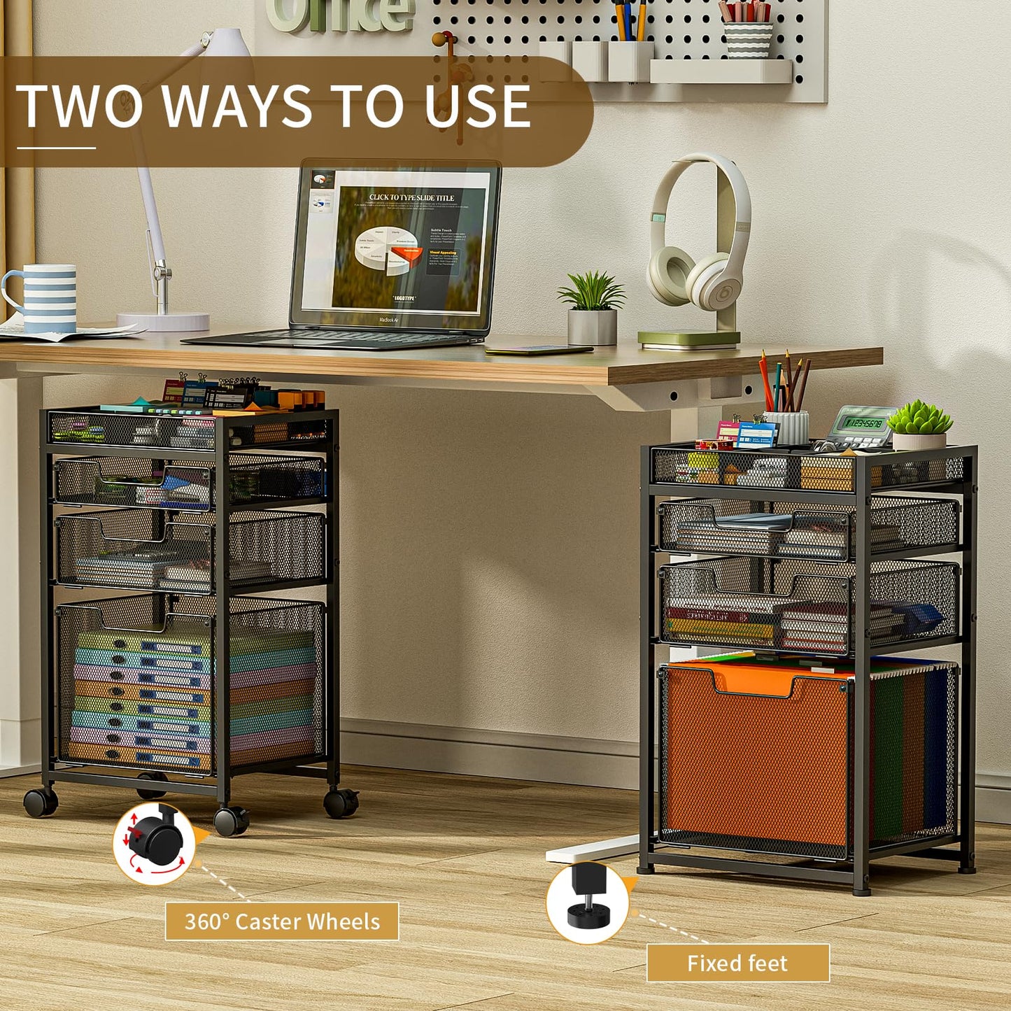 Rolling File Cart with 3 Storage Drawers, Under Desk Filing Cabinet with DIY Divider, Hanging File Folder Organizer on Wheels, Fits A4/Letter Size, Metal Utility Cart for Home Office, Black