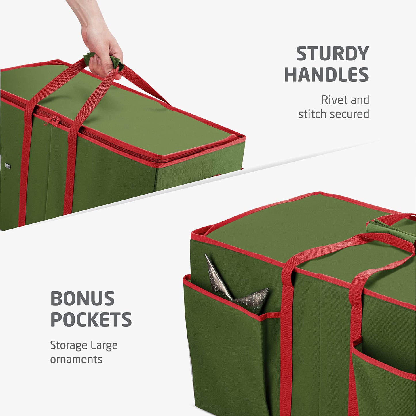 ZOBER Large Christmas Ornament Storage Box - Stores 128 3" Ornaments, With Dividers - Ornament Organizer Storage Box, Durable Christmas Containers Holder - Extra Pockets, Dual Zipper - Green
