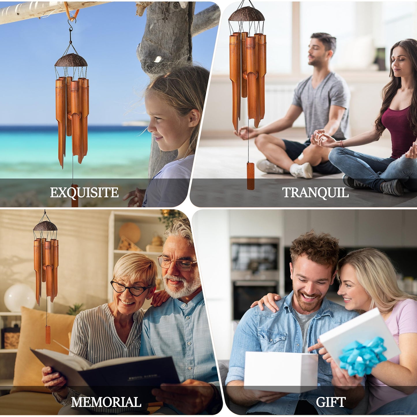 Nowpis Bamboo Wind Chimes 38" 6 Pipes, Handcrafted Wooden Wind Chime Bring a Unique and Soothing Melody, Create a Zen Atmosphere for Outdoor Indoor Decor, for Sympathy, Memorial