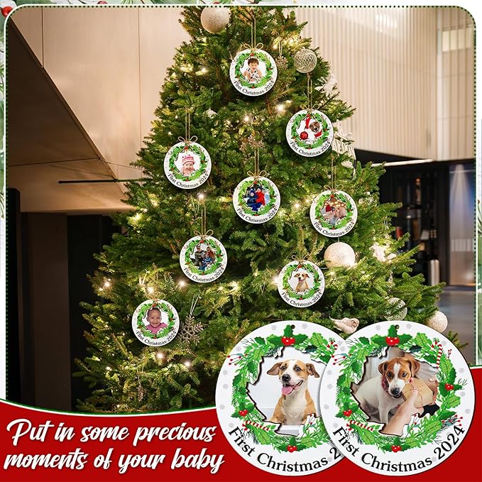 Blulu 24 Pcs Baby First Christmas Photo Ornament 2025 Christmas Pictures Frame Bulk Christmas Hanging Picture Frames Wooden for Xmas Tree Baby Gifts Keepsake