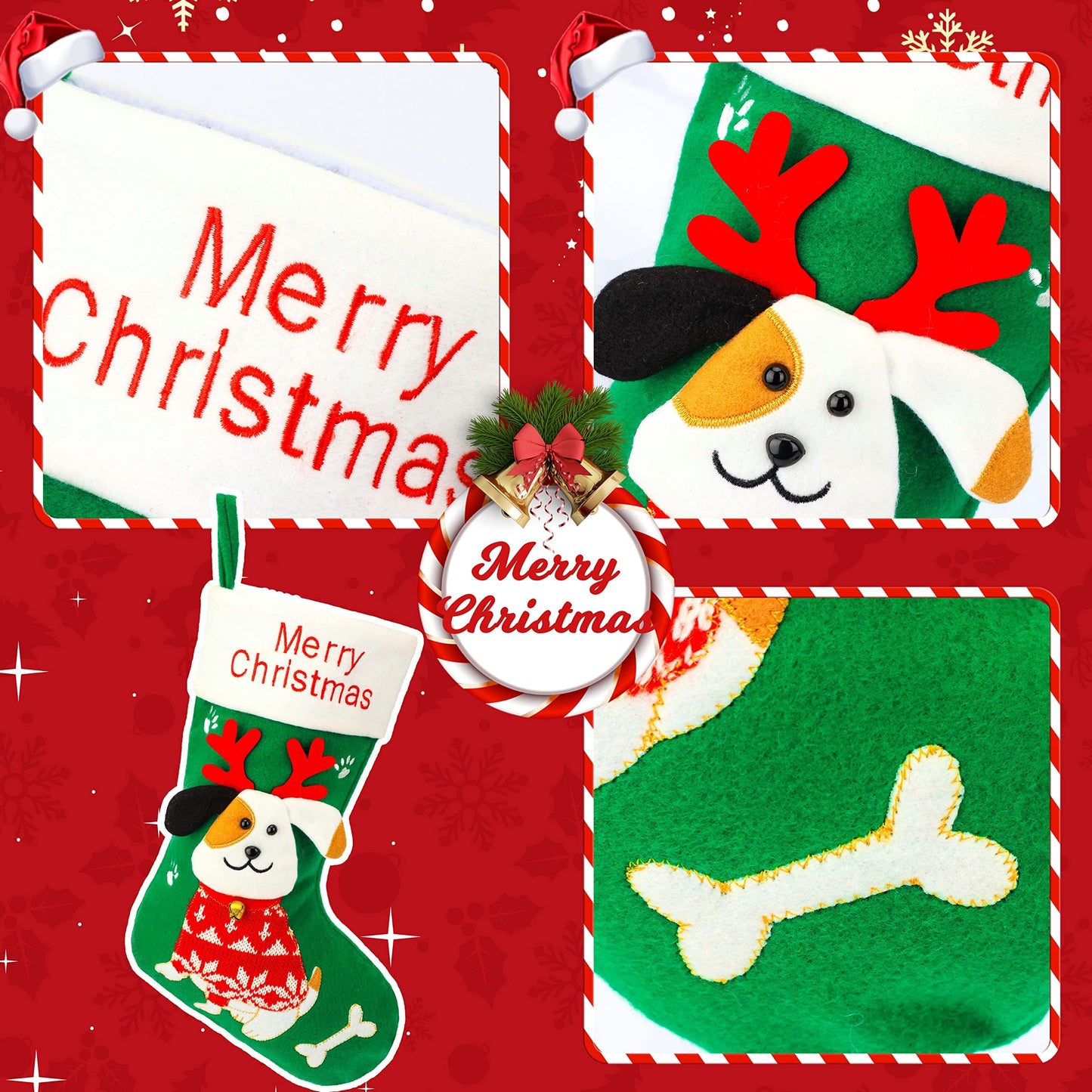 Hopearl 16'' Dog Christmas Stocking 3D Pet Holder Puppy Ornament Gifts Bags for Pets Decoration Holiday Party Supply Seasonal Ornament, Green