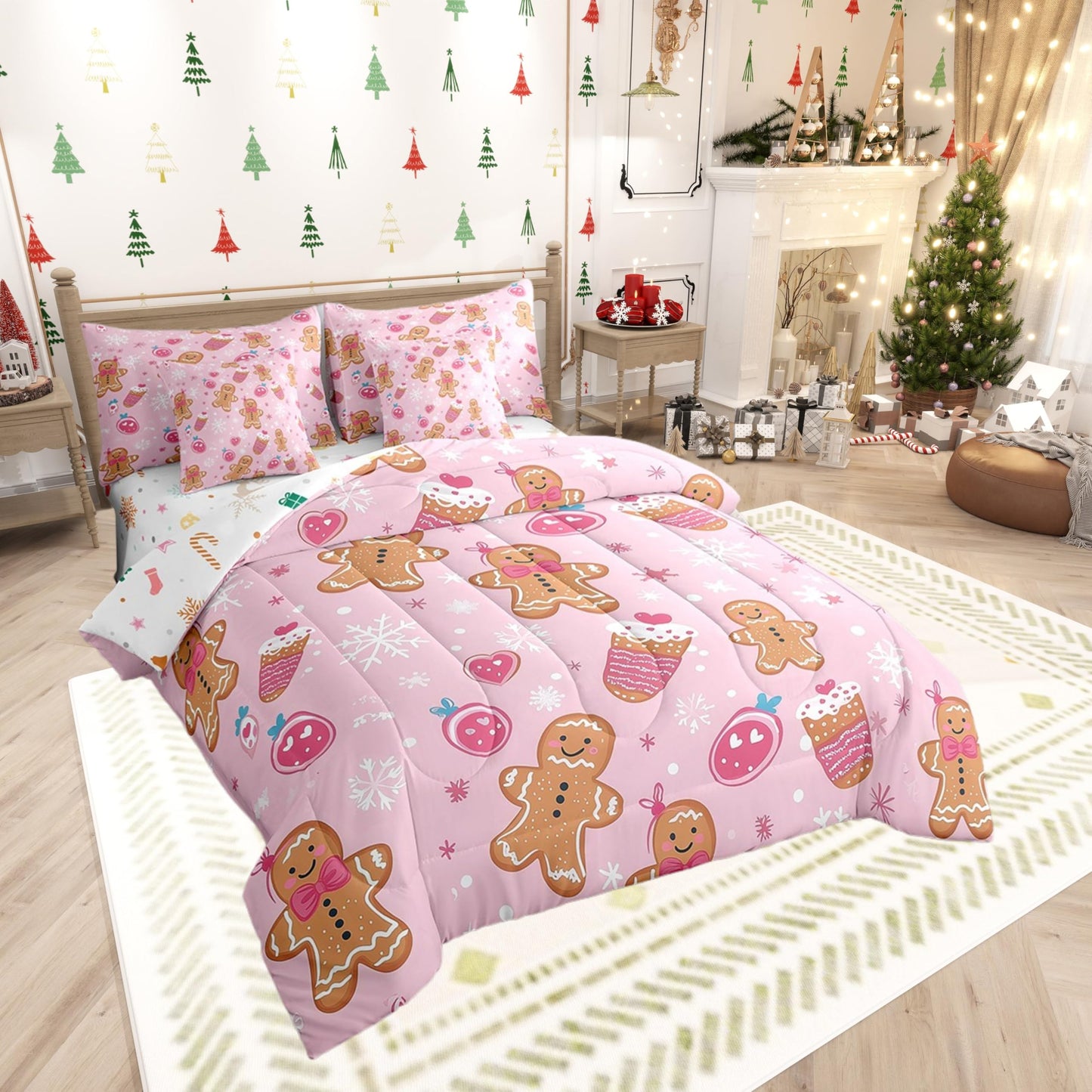 Gingerbread Man Queen Comforter Set with Sheets Bed in a Bag 7 Pcs,Watercolor Strawberry Bowknot Bed Set,Dreamy Snowflakes Bedding Sets with Comforter,Flat,Fitted Sheet,Pillowcases,Pillow Covers