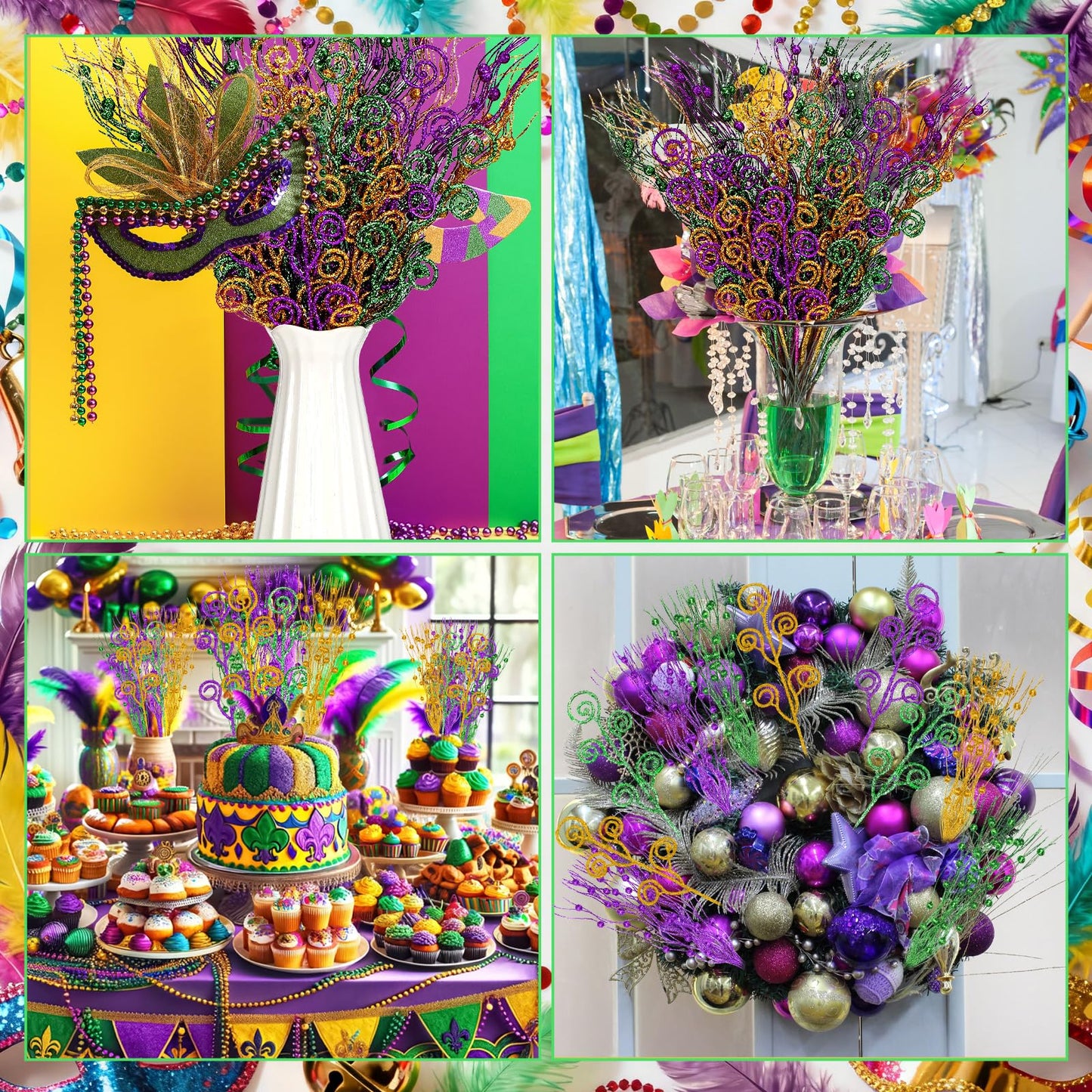 Daifunli 36 Pcs Mardi Gras Decorations Mardi Gras Picks Purple Gold Ornaments 17'' 12'' Artificial Glitter Berry Picks and Sprays Branches for Carnival Party Wreath Vase