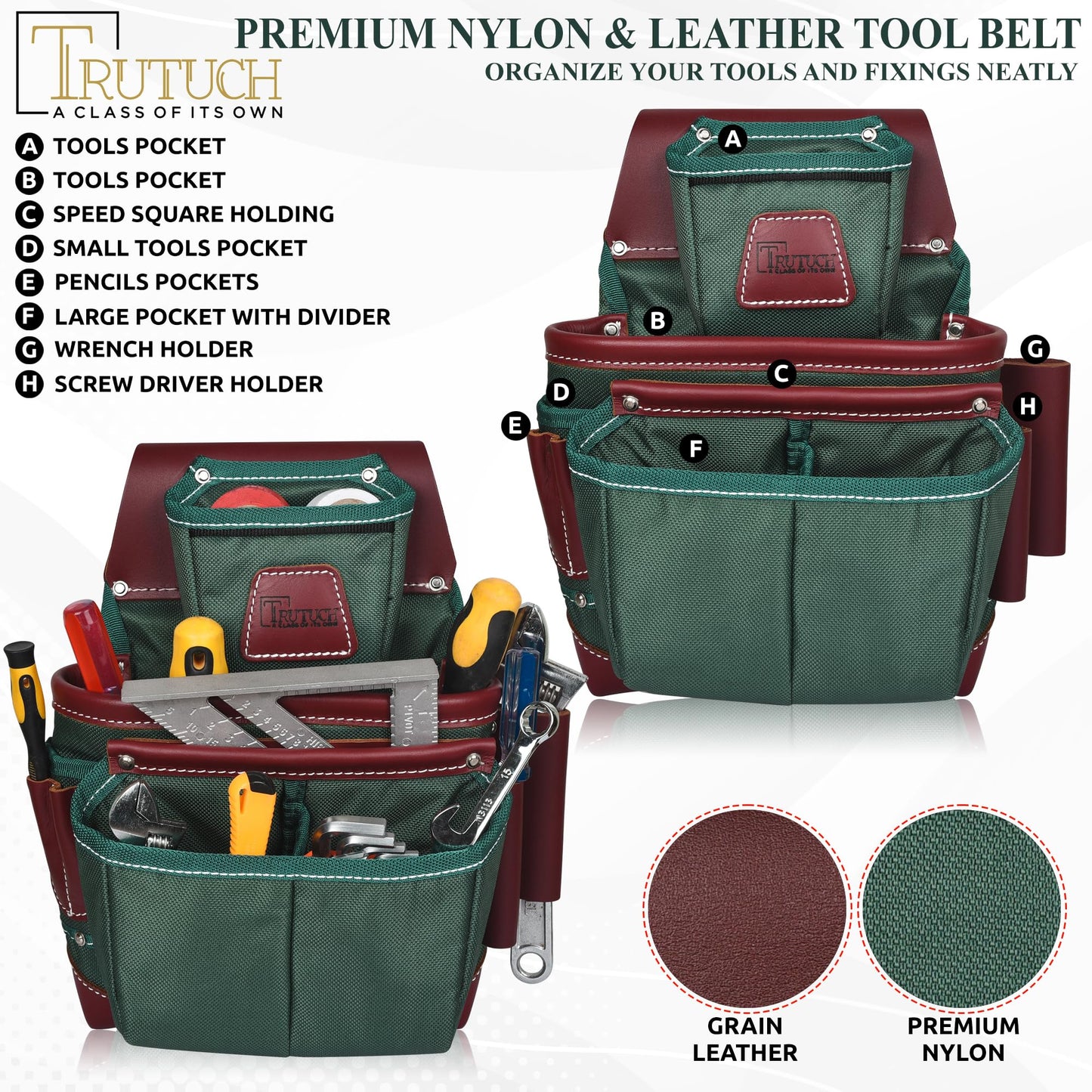 Nylon and Leather Tool Belt | Framing Bags | Leather Tool Belts | Nylon Tool Pouch | Carpenter Tool Belt | Construction | Framers | Electrician (Green)