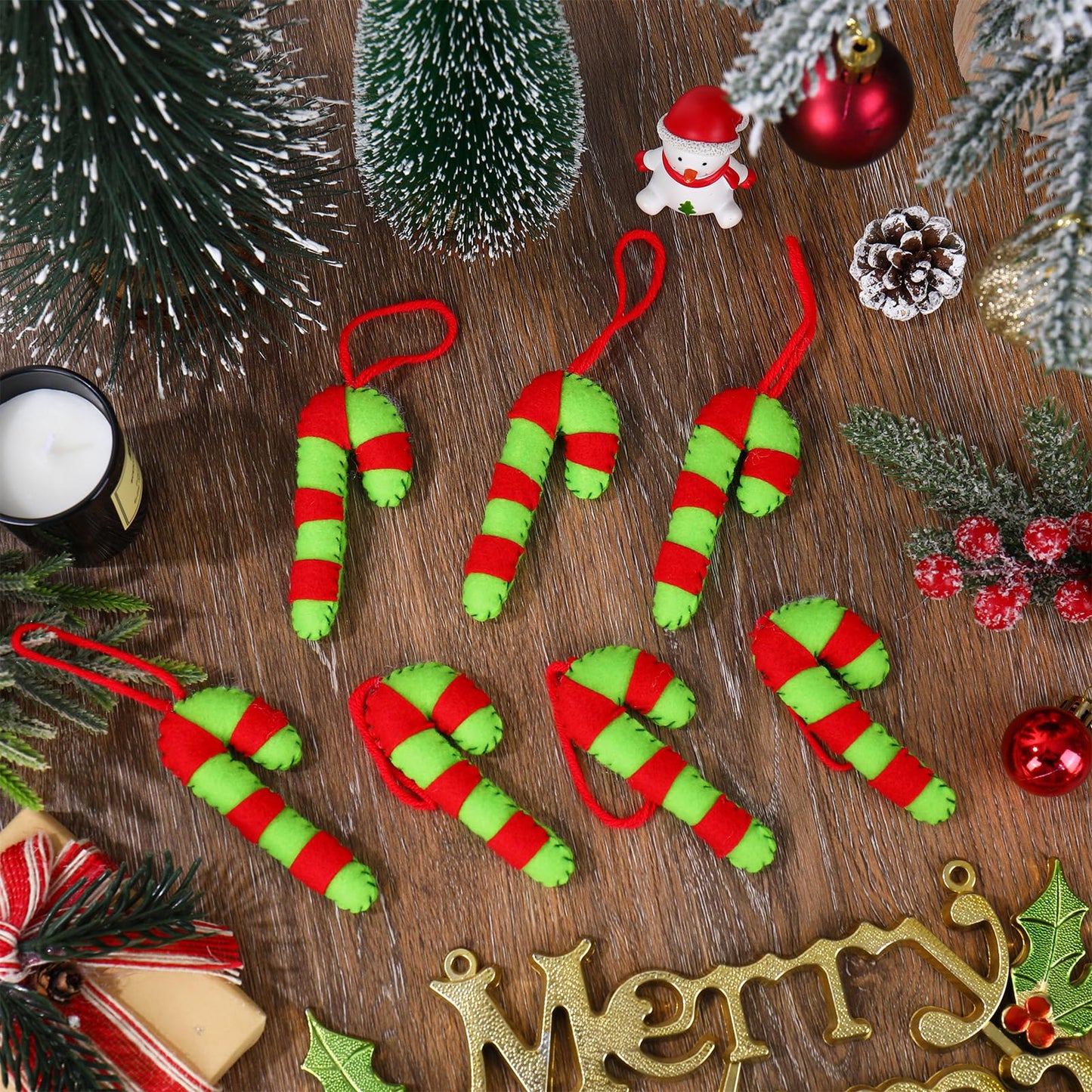 Whaline 12Pcs Christmas Felt Hanging Ornament Red Green Candy Cane Felt Ornaments for Xmas Tree Indoor Outdoor Decoration