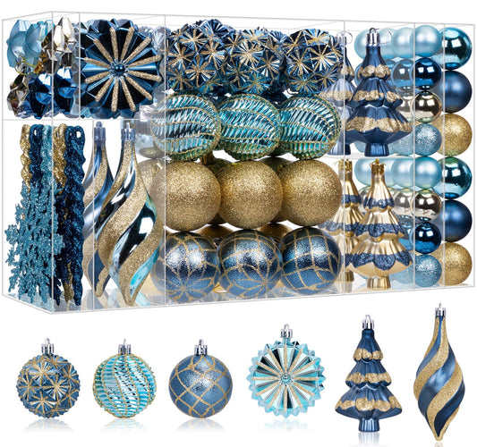 108 Pcs Christmas Ball Ornaments Set, Blue and Gold Shatterproof Hand-Painted Hanging Bulbs Decoration for Xmas Tree, Wreath, Garland, Home Holiday Decor