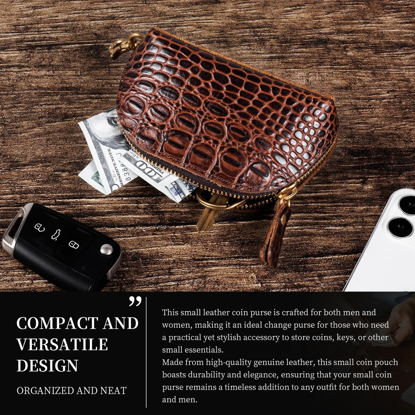 Gexmil Genuine Leather Coin Purse with Zipper, Full Grain Leather, Mini Coin Pouch for Women Men, Change Wallet,Crocodile Brown