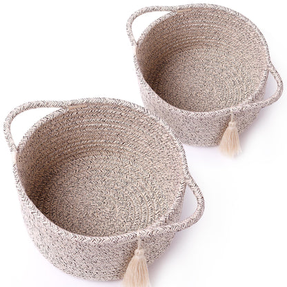 SweetMemo Small Gift Basket Empty Set of 2 - Little Cute Woven Rope Organizer Bins for Baby Shower Gifting, Makeup, Bathroom, Desk, Decorative Vanity - Pre-Shaped, Brown
