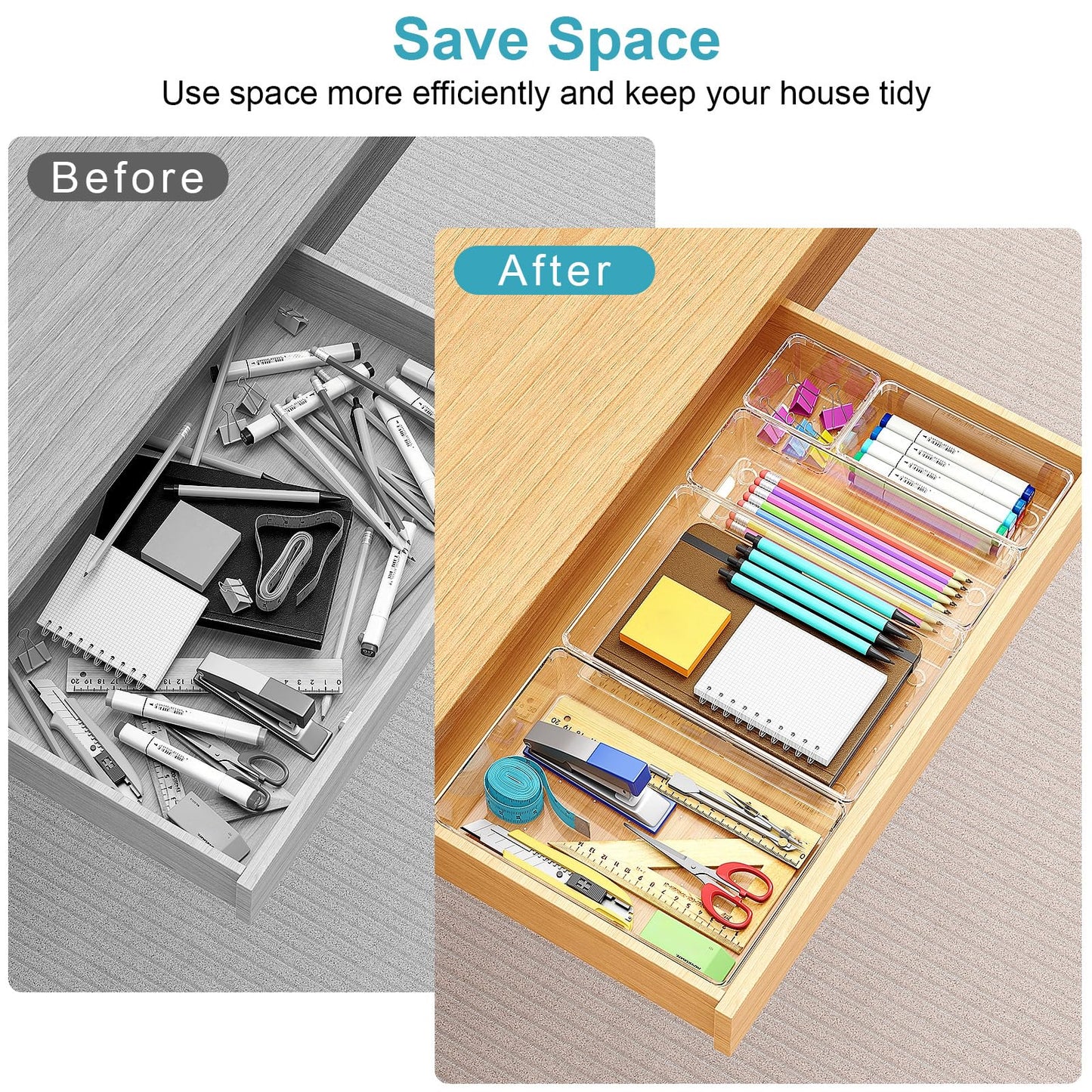 Manalete Drawer Organizers Set of 12, 4 Sizes Clear Plastic Drawer Organizers and Storage Bins for Kitchen, Bathroom, Office, Dresser Desk Drawer Organizer Tray for Jewelry, Makeup, Junk, Gadgets