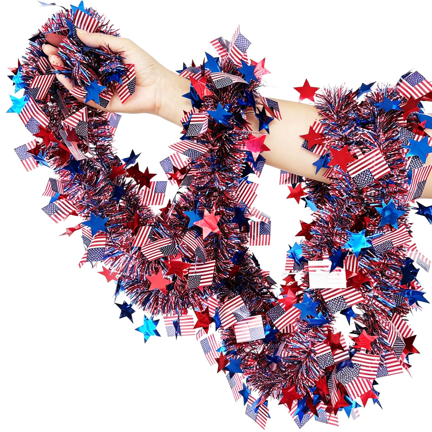 LKBBC 4th of July Tinsel Garland, 52.5 Ft Patriotic Red, White, and Blue Sparkly Glitter Star Flags Metallic Garlands Home Garden Tree Decorations for Independence &Memorial Day