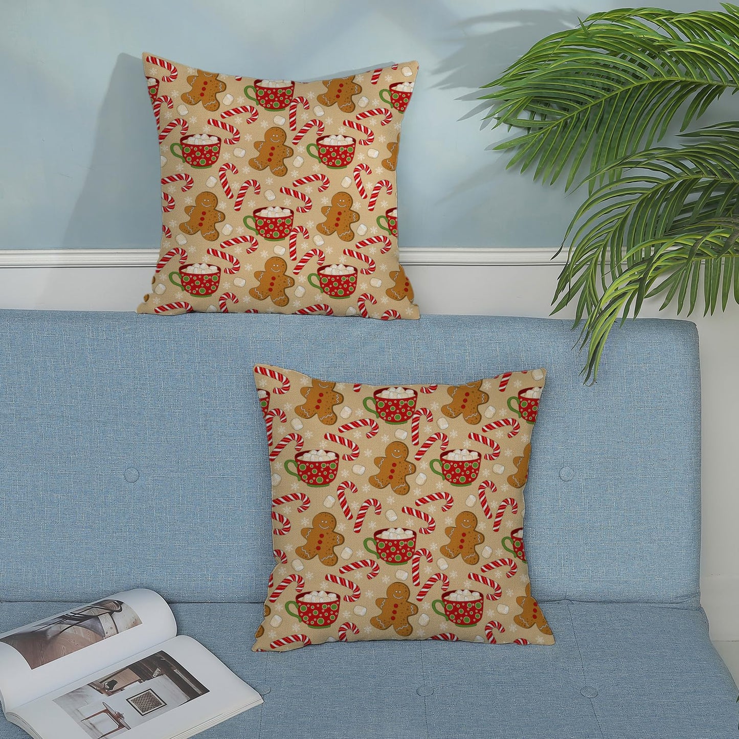 JEFERSO Christmas Pillow Covers 20x20 Set of 2 Gingerbread Man Candy Cane Snowflake Throw Pillows Outdoor Christmas Decorations Pillowcase Winter Farmhouse Holiday Decor Cushion Covers for Couch Home