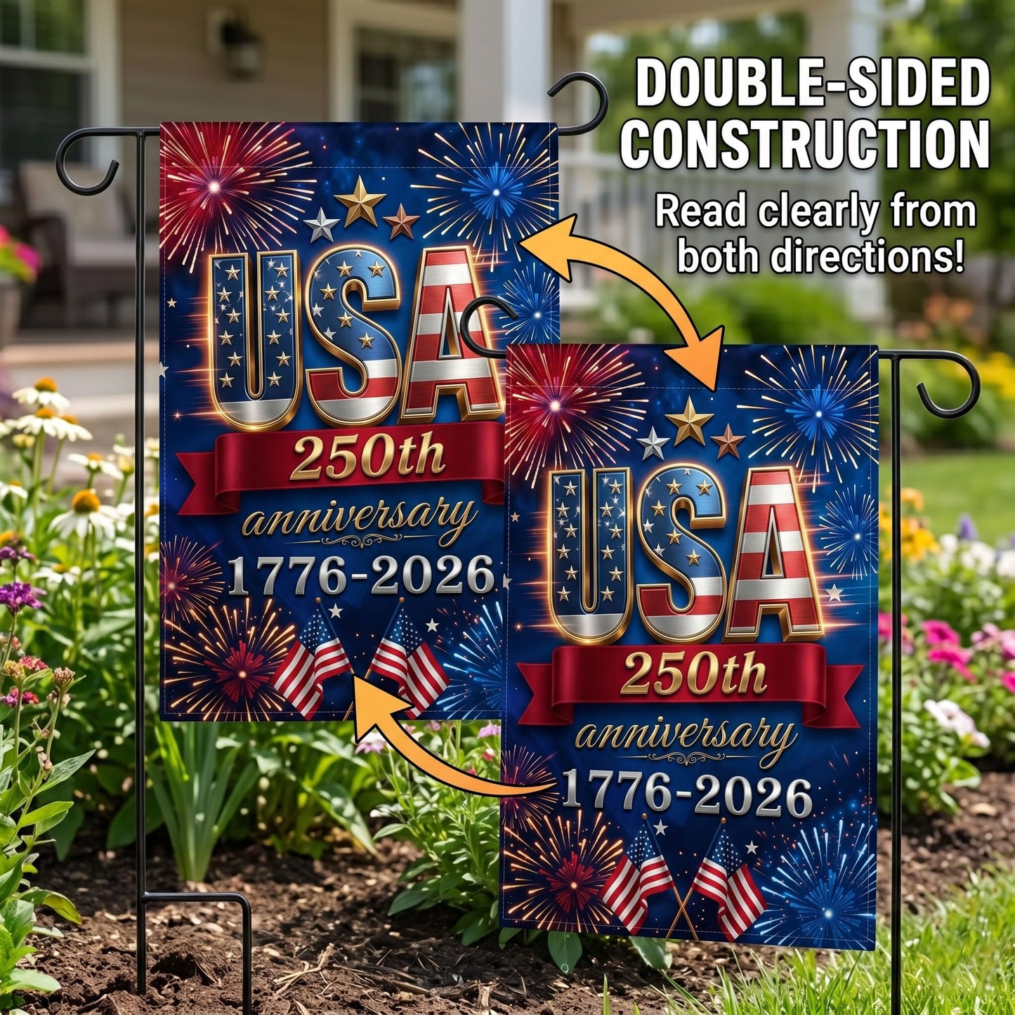 250 Anniversary USA Flag, 4th of July Decorations, Double Sided, UV Protection, Fade Resistant, 12x18 Inch, American Patriotic Outdoor Yard Garden Flags, 1776-2026 Commemorative (Blue)