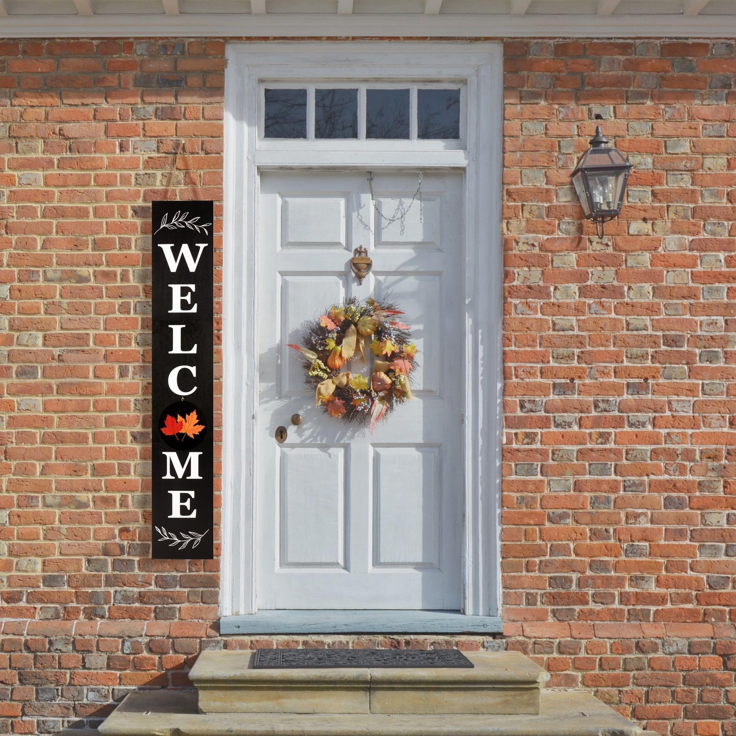 Perfnique Welcome sign for front porch standing, 47 x 7.9 Inch Wooden Leaner Sign with 10 Interchangeable Designed Icons, Seasonal Decor for Spring Easter Fall Christmas(Black)