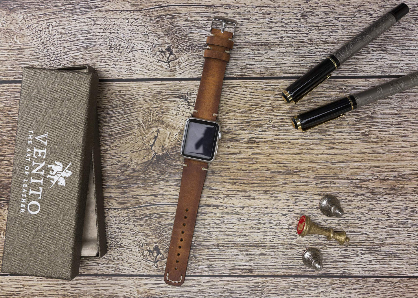 Venito Sarno for Apple Watch Band 41mm 40mm 38mm Handmade Premium Leather Watch Band Compatible with iWatch Series 10 9 8 7 6 5 4 3 2 1 SE (Antique Brown w/Silver Stainless Steel Hardware)