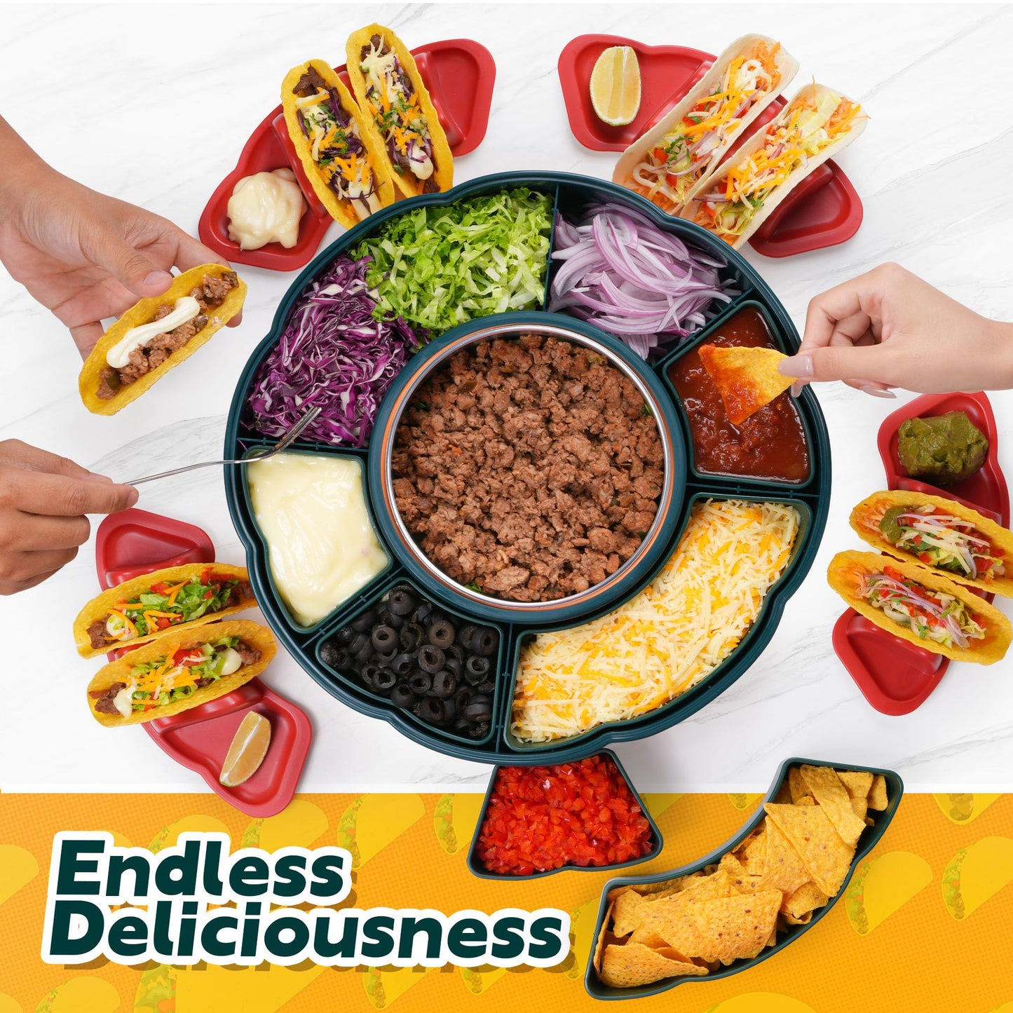 Taco Tuesday Kit, Taco Bar Serving Set for a Party with 3-Temp Control, 33oz Heated Pot, 6 Removable Trays & 4 Taco Holders, Lazy Susan Taco Bar for Burritos, Nachos, and Fajitas, Christmas Gift