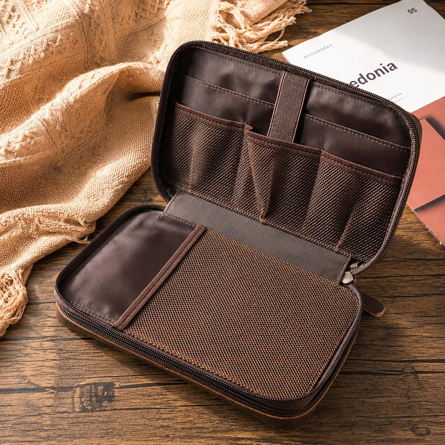 Polare Full Grain Leather Cable Organizer Travel Case Double Layers Electronics Accessories Carry Bag with YKK Zippers All-in-One Tech Storage Pouch for Cords, Power Bank, USB, Charger