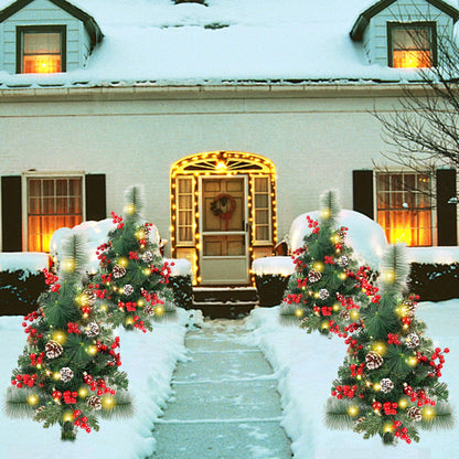 FORUP Set of 2 30 Inch Pre-Lit Pathway Christmas Trees Urn Filler, Outdoor Christmas Tree Decorations for Porch, Driveway, Yard, Garden, with 60 LED Lights, Red Berries, Pine Cones, Red Ball Ornaments