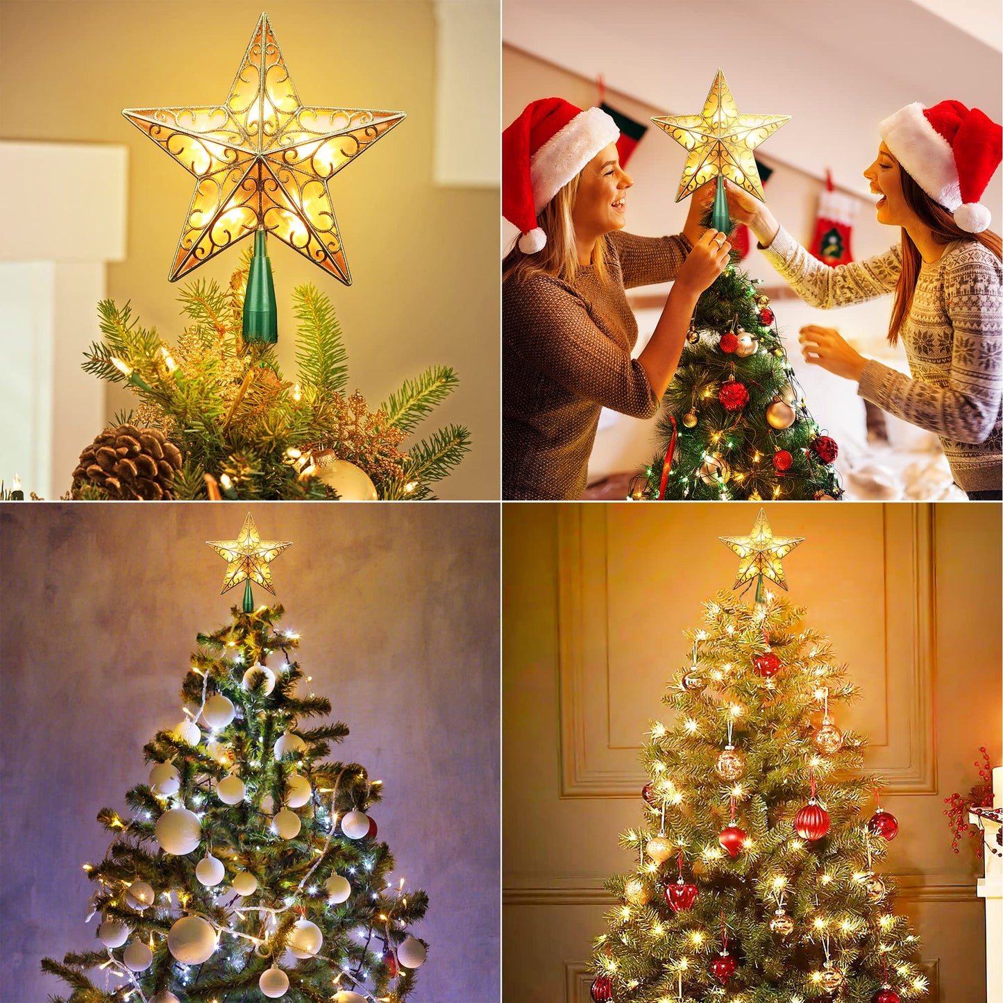 Brizled 9.5” Christmas Star Tree Topper, Gold Dual-side 3D Star Treetop, Glittered Tree Top with 10 Warm White Lights, UL Certified Lighted Xmas Treetop for Holiday Christmas Tree Decor