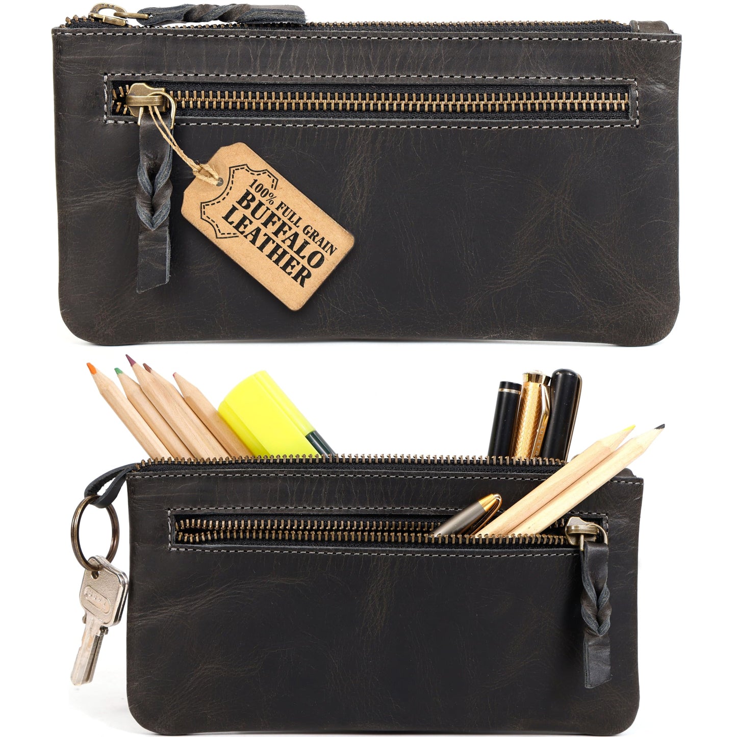 LEATHER TOWN Leather Pencil Case Pouch 8" x 4" - Leather Pen Case with Zipper (Black)