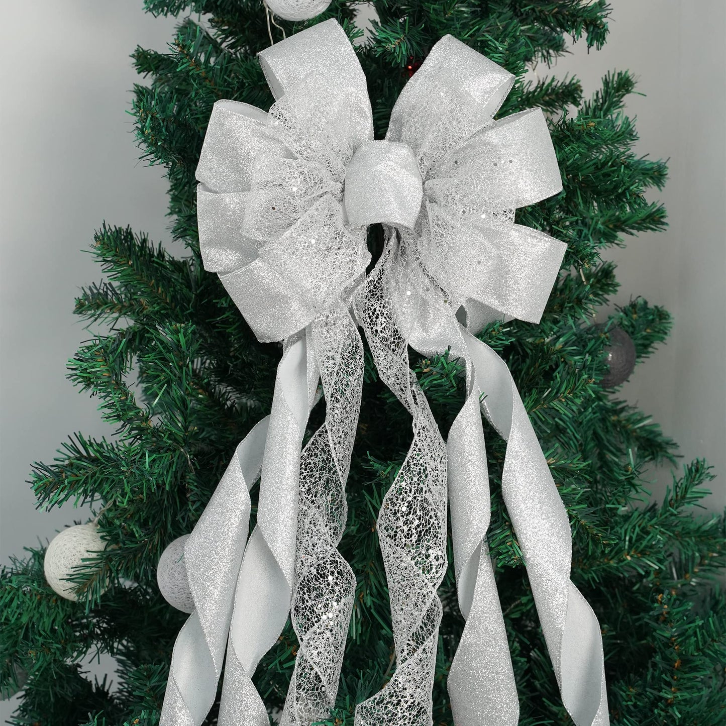 MEEDEE Silver Christmas Tree Topper Silver Glitter Christmas Bows 12" Wide Snowflake Ribbon Bow Silver Christmas Bows Silver Tree Topper Silver Bows for Christmas Tree (1 Pack)