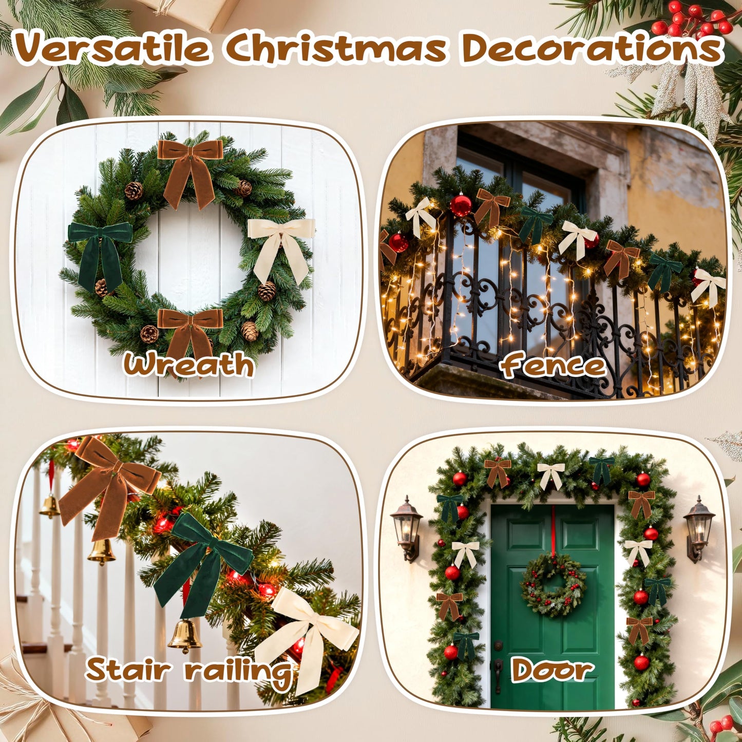 12Pcs Velvet Bows for Christmas Tree, Brown Beige Green Bow Christmas Decorations with Twist Tie, Mix Velvet Bow Ornaments Bulk for Wreath Garland Gift Wrapping Wedding Champagne Parties, 6x6in