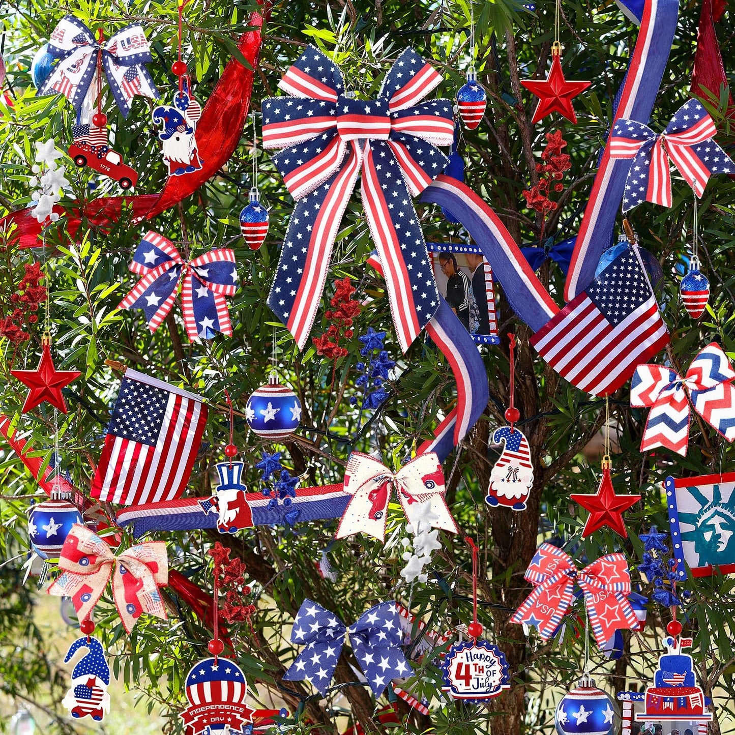 43 Pcs 4th of July Patriotic Tree Decorations Independence Day Christmas Tree Ornaments Ribbon Bow Topper Red White and Blue Hanging Ornaments for National Memorial Day Party